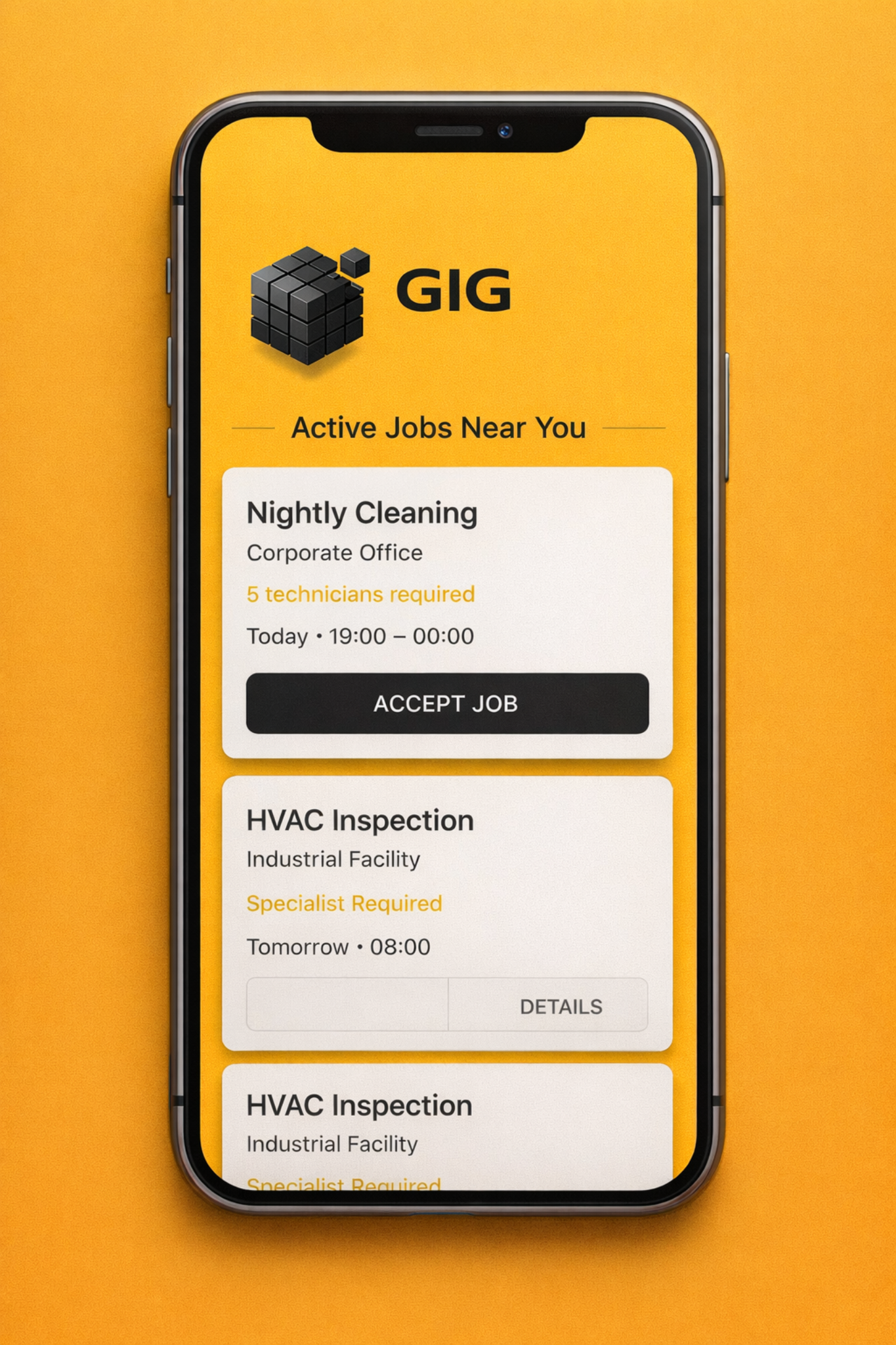 Vista de la app GIG con trabajos activos cerca del usuario